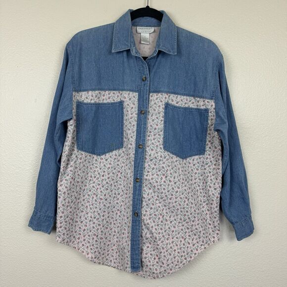 Vintage 90s Partners Mervyns Floral Denim Button Down Long Sleeve Top Cotton M - Picture 1 of 14